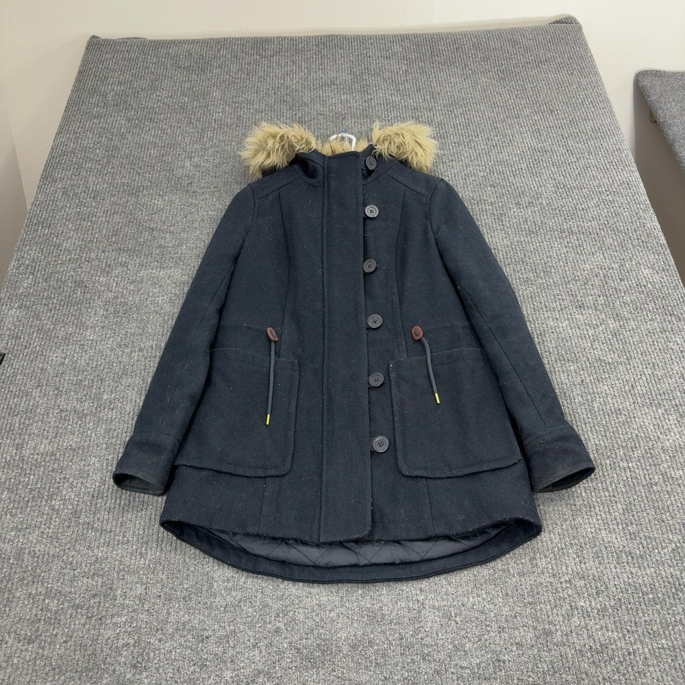 American Eagle Jacket Womens XS Black Wool Blend Faux Fur Hooded Parka Coat